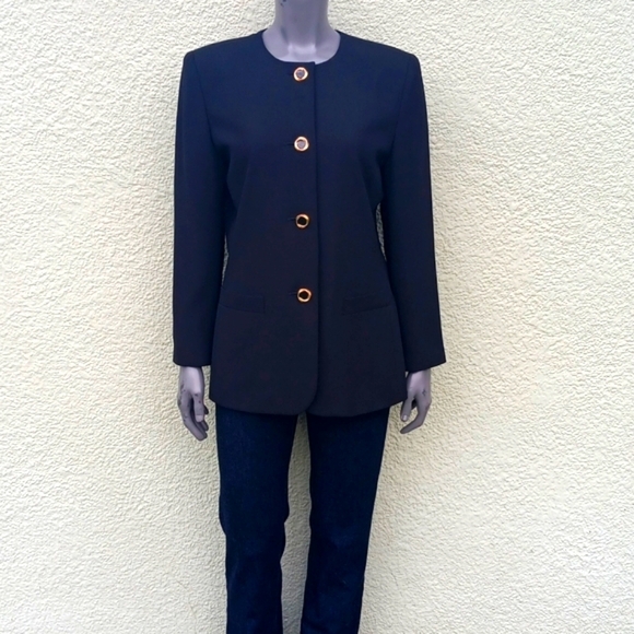 LE SUIT PETITE LADIES VINTAGE BLACK (4) GOLD BUTTON LUXURY SUITCOAT/BLAZER - Picture 4 of 17